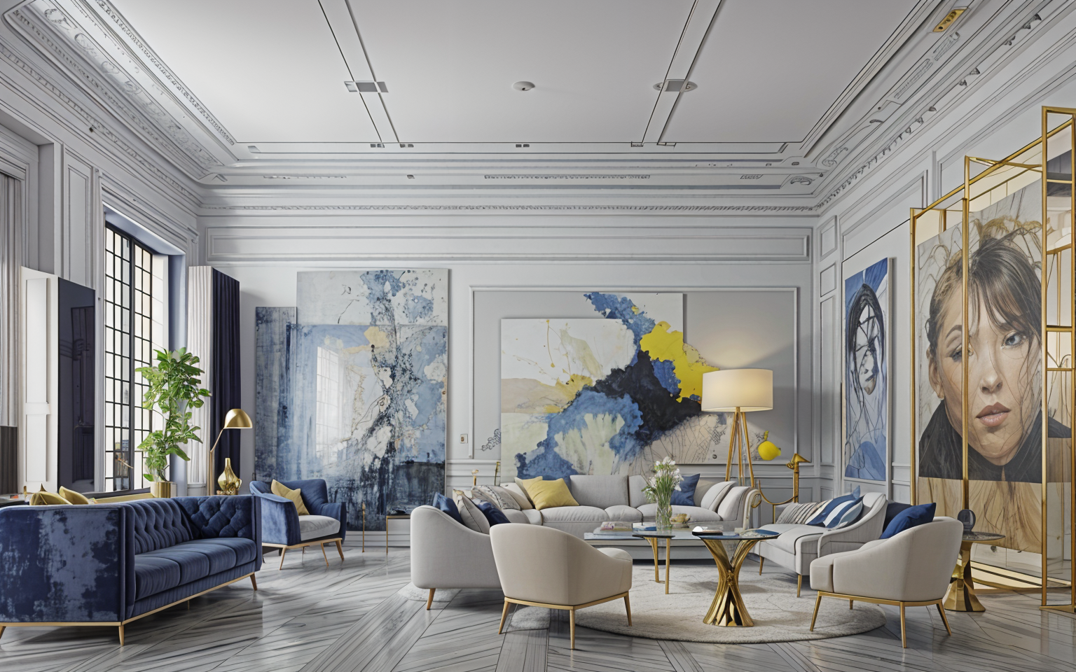 Luxury living room with ornate moldings and blue velvet furniture AI staging