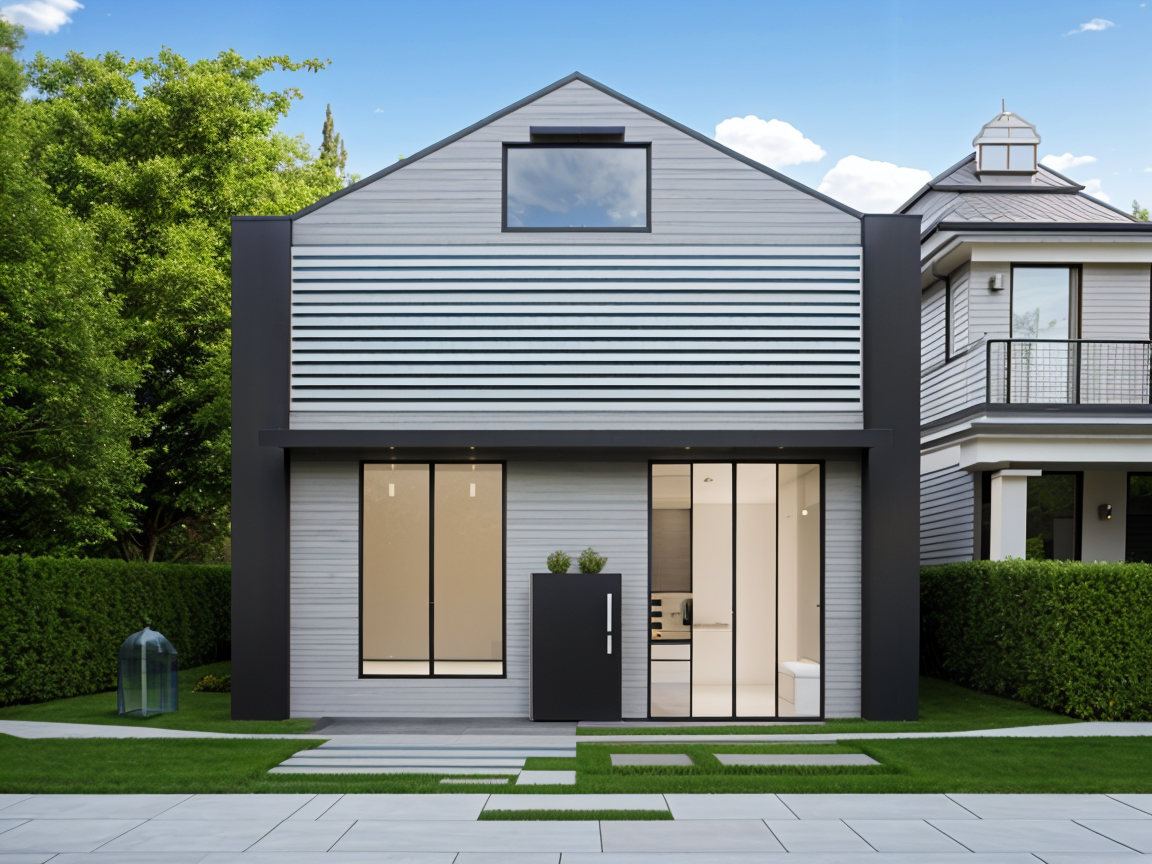 Contemporary house photorealistic rendering with modern materials and landscaping