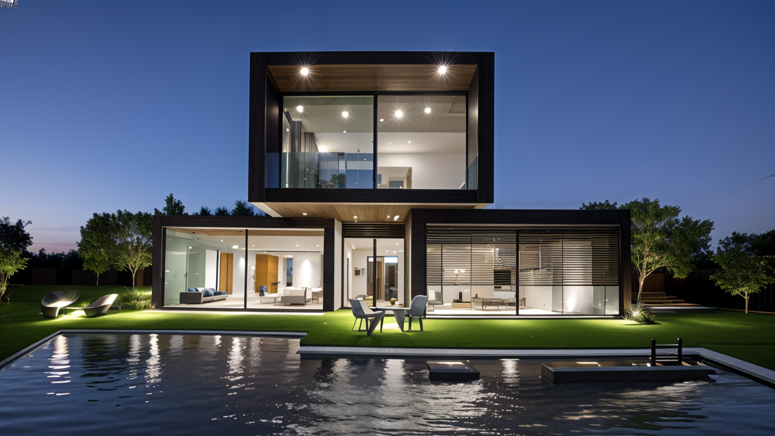 Luxury modern house photorealistic twilight rendering with pool and outdoor lighting
