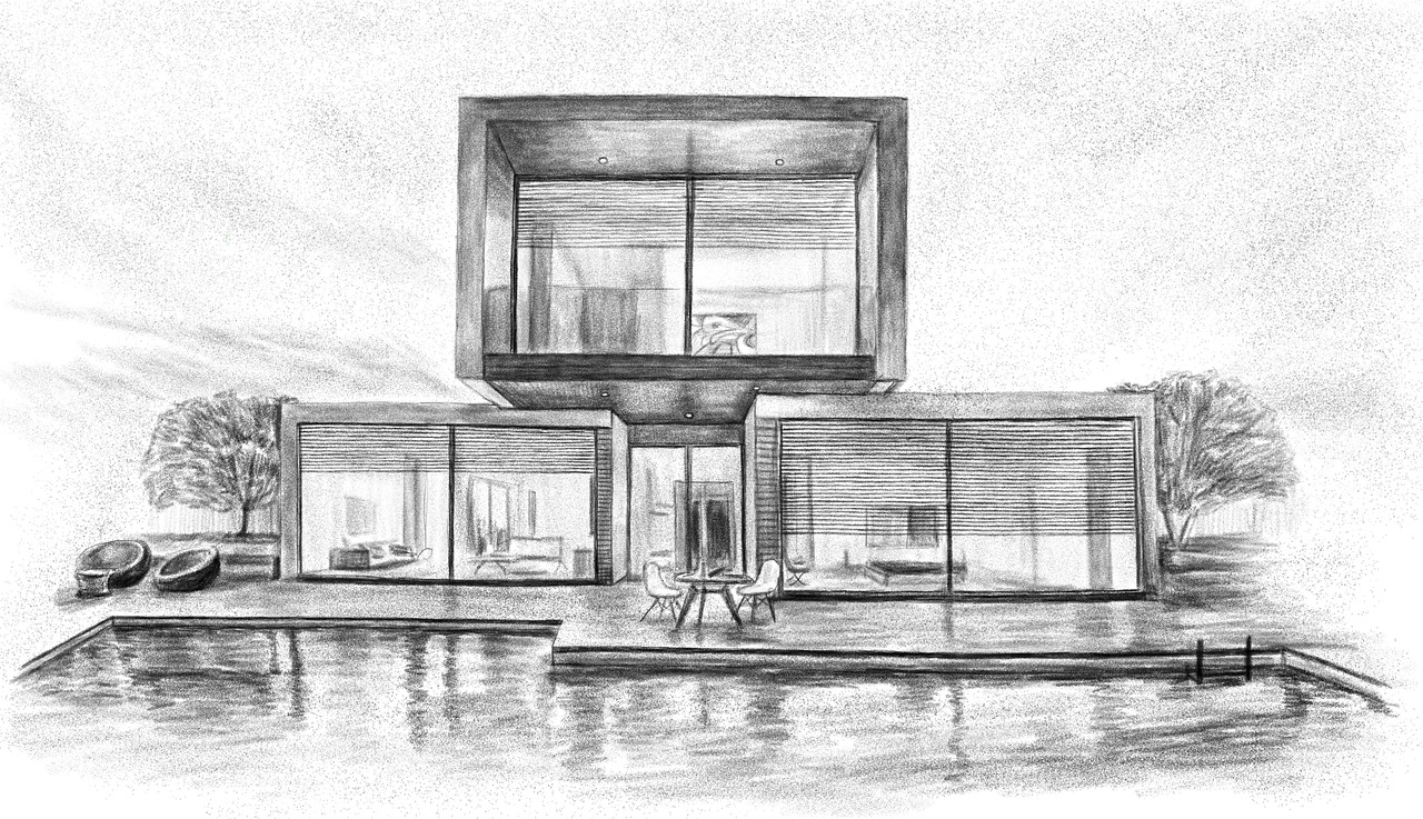 Luxury modern house architectural pencil sketch with pool
