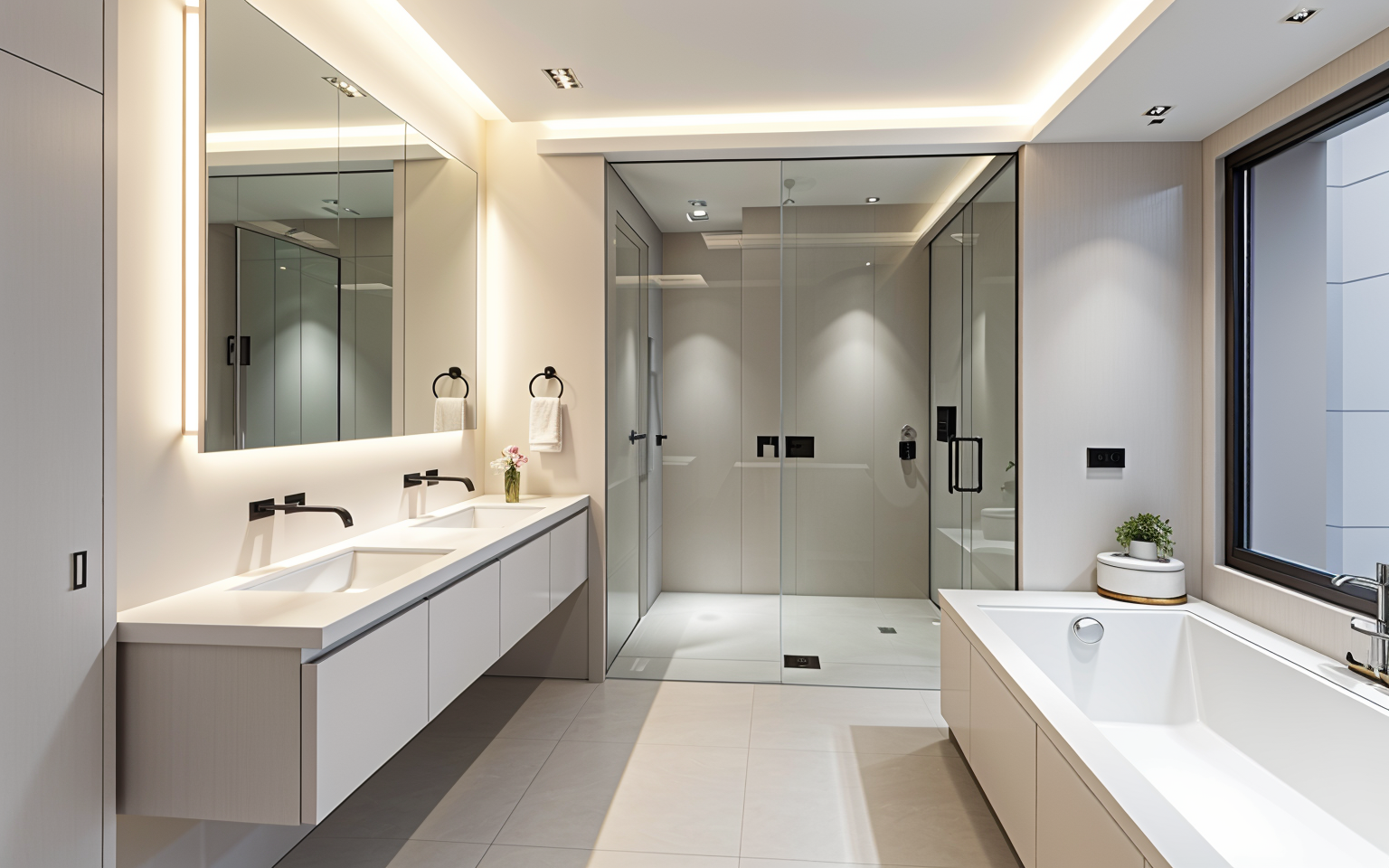 Modern luxury bathroom after AI virtual staging with ambient lighting and modern fixtures